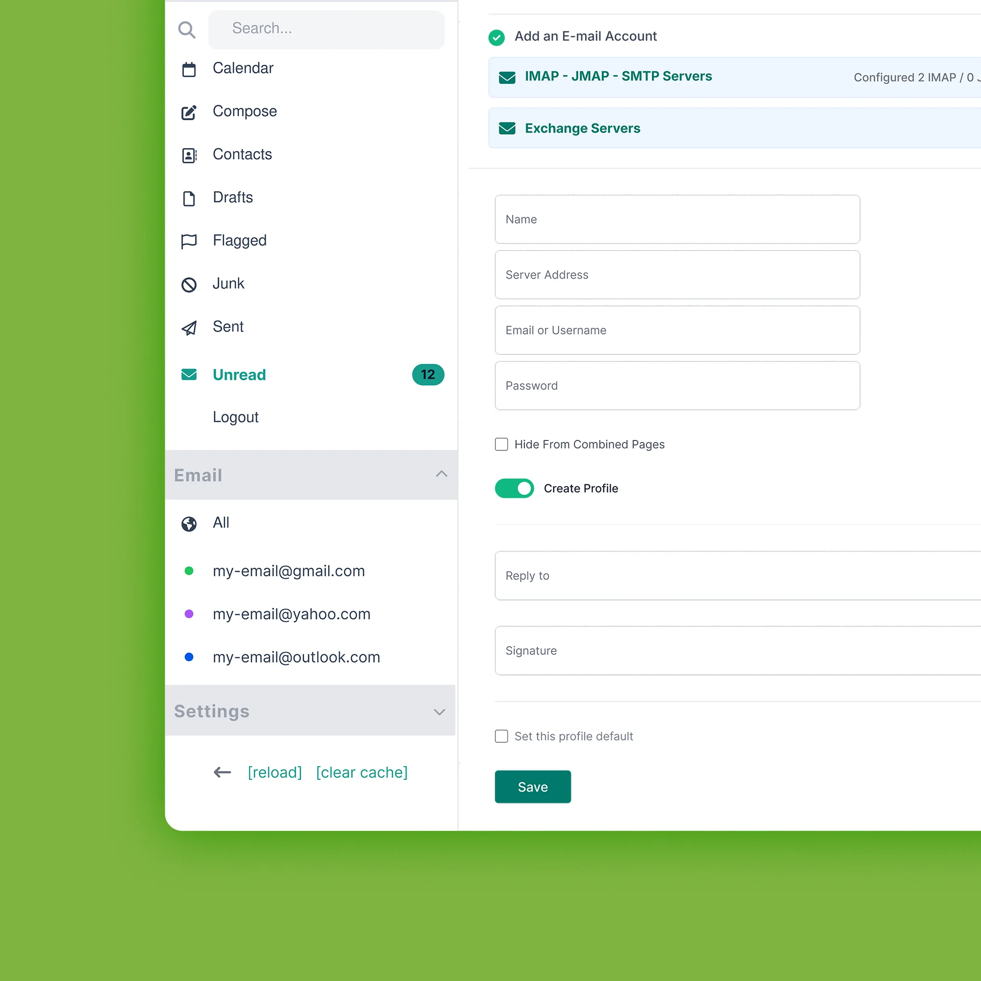 Exchange Web Services account screen