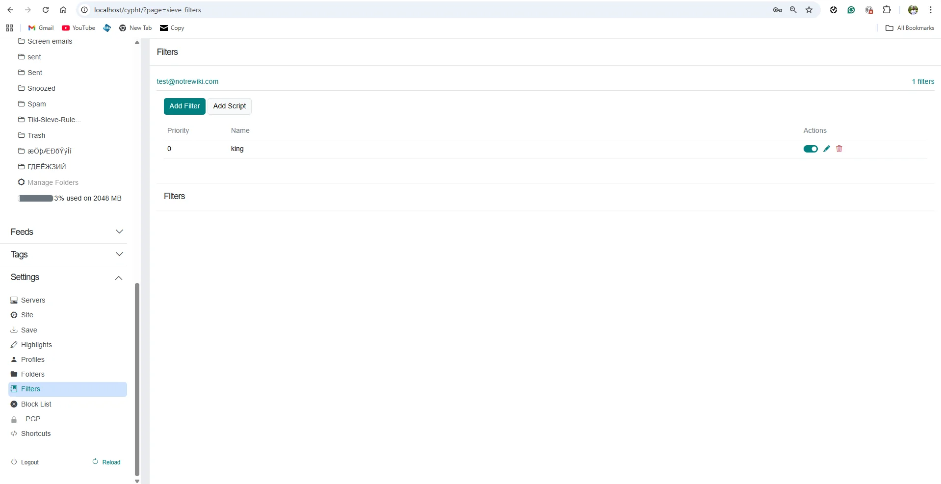 Filter list with Add Filter and Add Script buttons