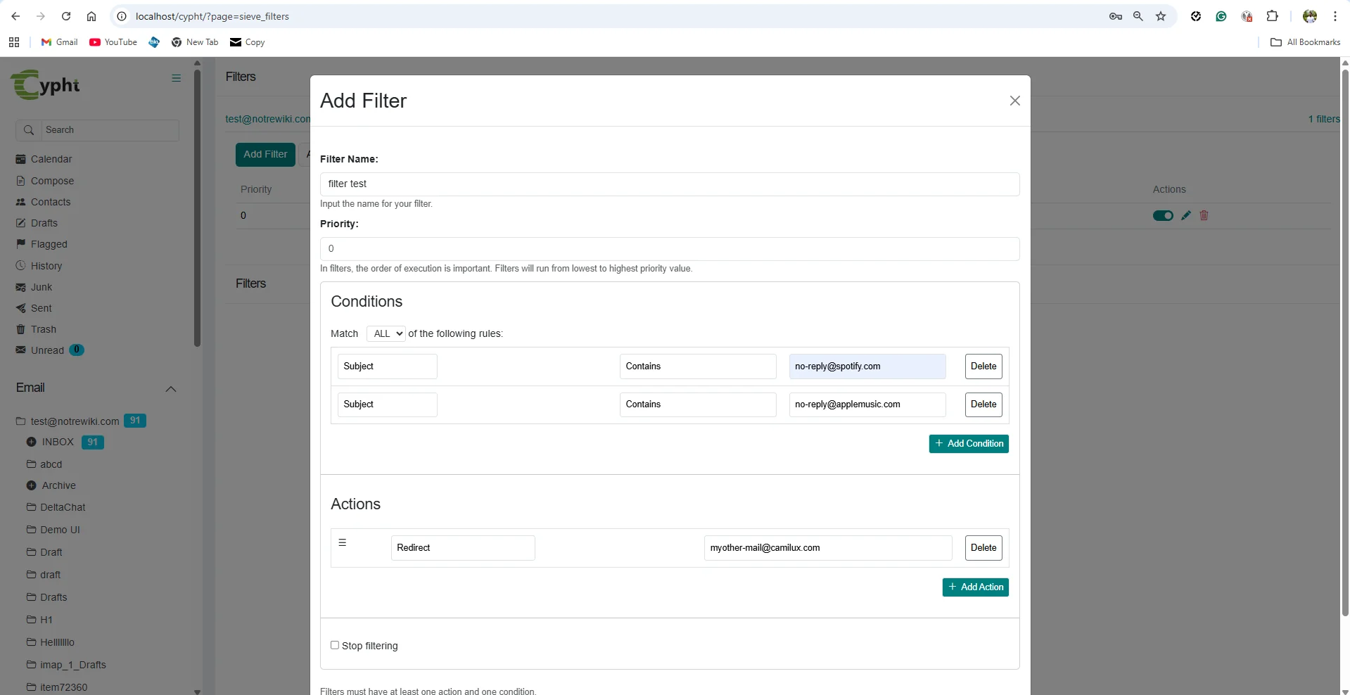 Filled Add Filter form with conditions and redirect action