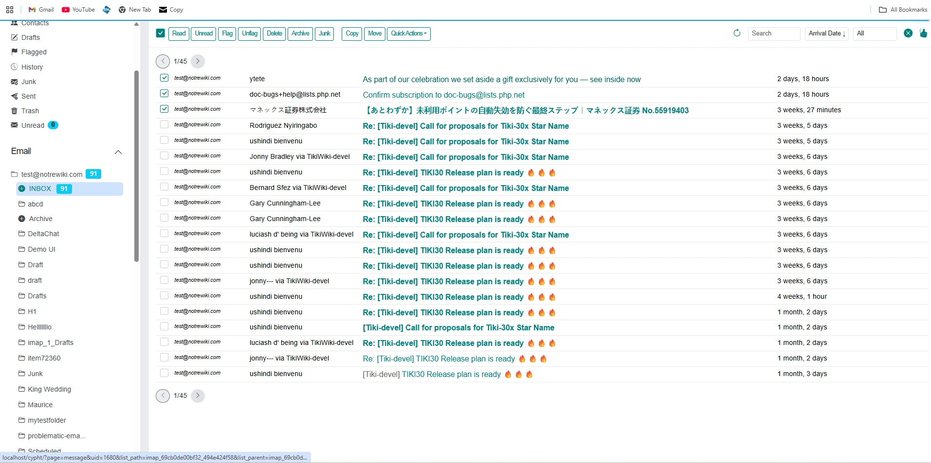 Inbox with selected messages and toolbar showing Quick Actions