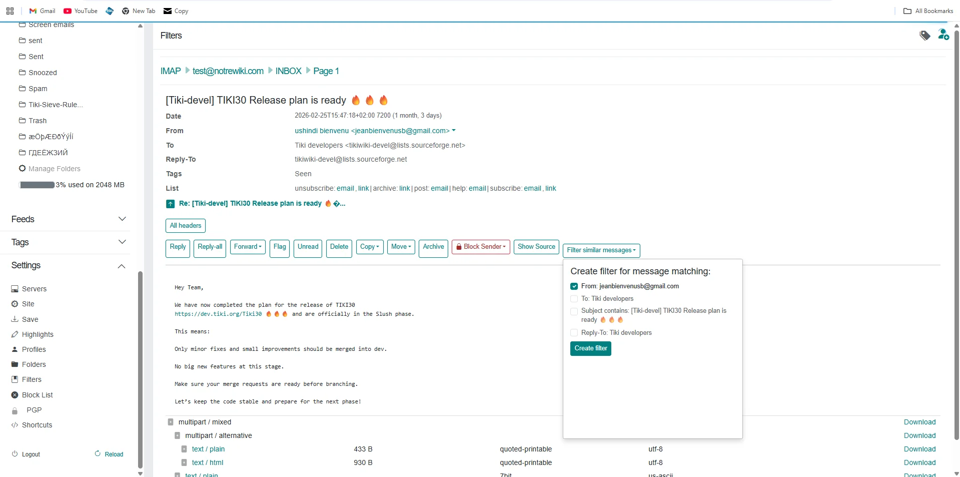 Filter similar messages dropdown with From, To, Subject and Reply-To checkboxes