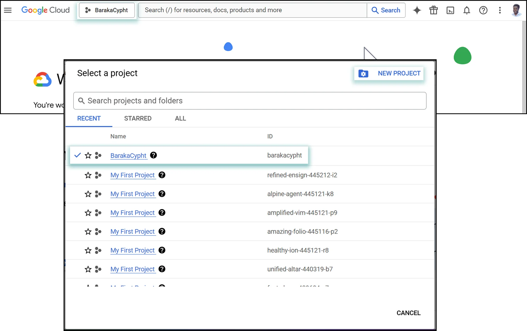 Google Cloud Console with the project selector