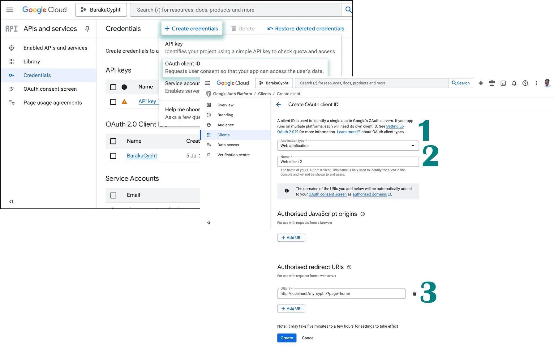 Google Cloud Console Create OAuth client ID form showing application type, client name and redirect URI