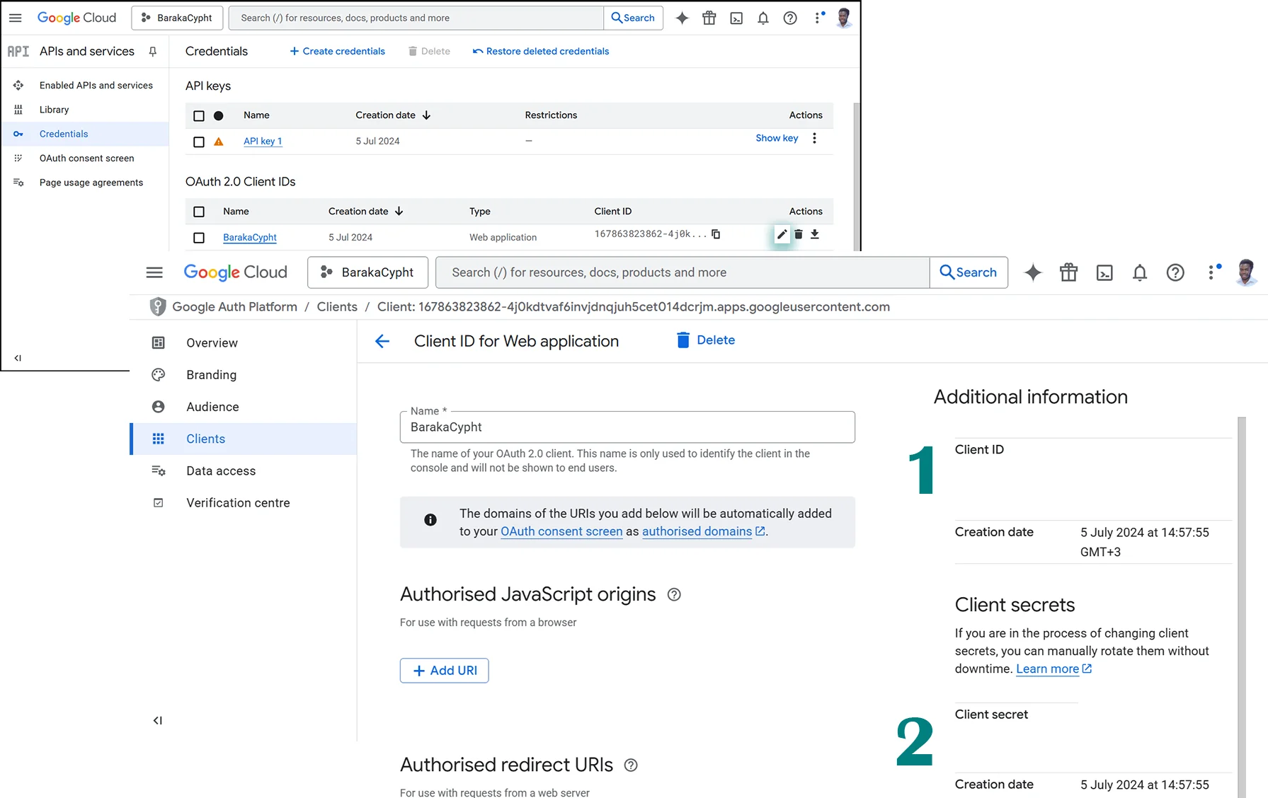 Google OAuth client ID and client secret displayed after creation