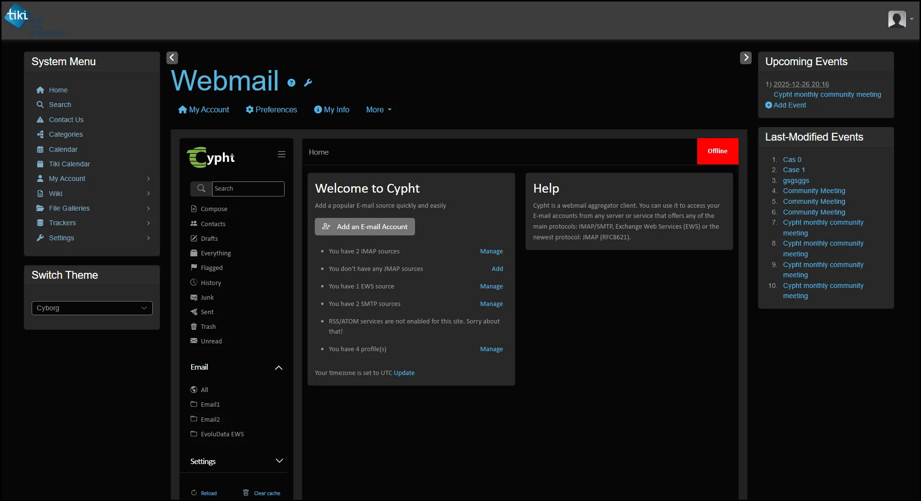 Cypht running as Tiki Webmail, showing the email folders of the home page
