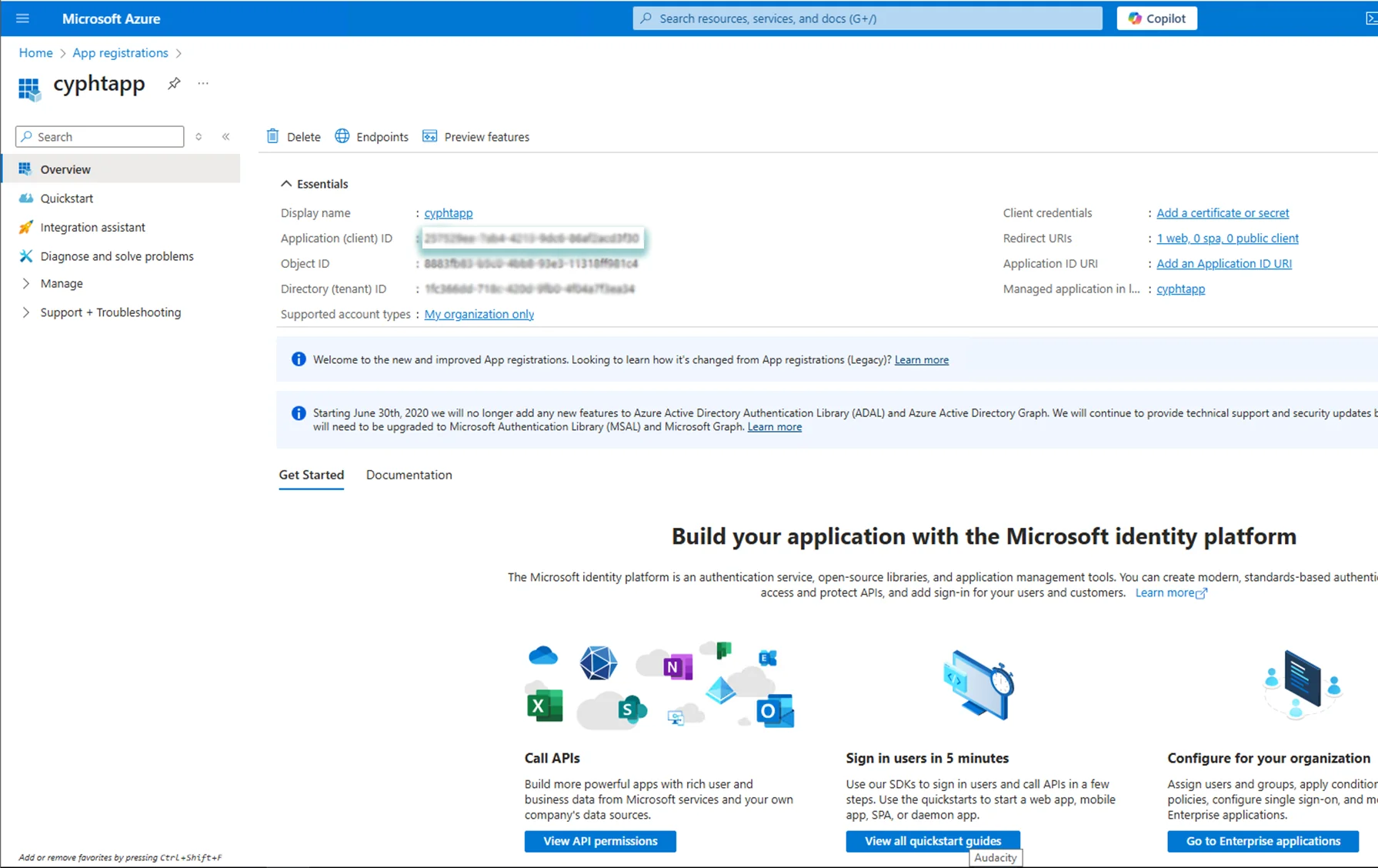 Azure application overview page showing the client ID