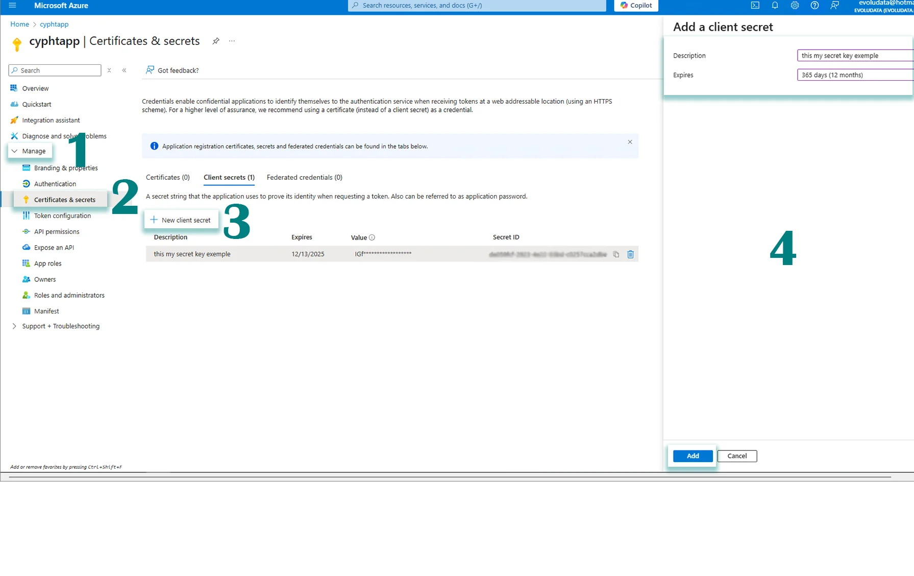 Azure Certificates and secrets page with the new client secret form