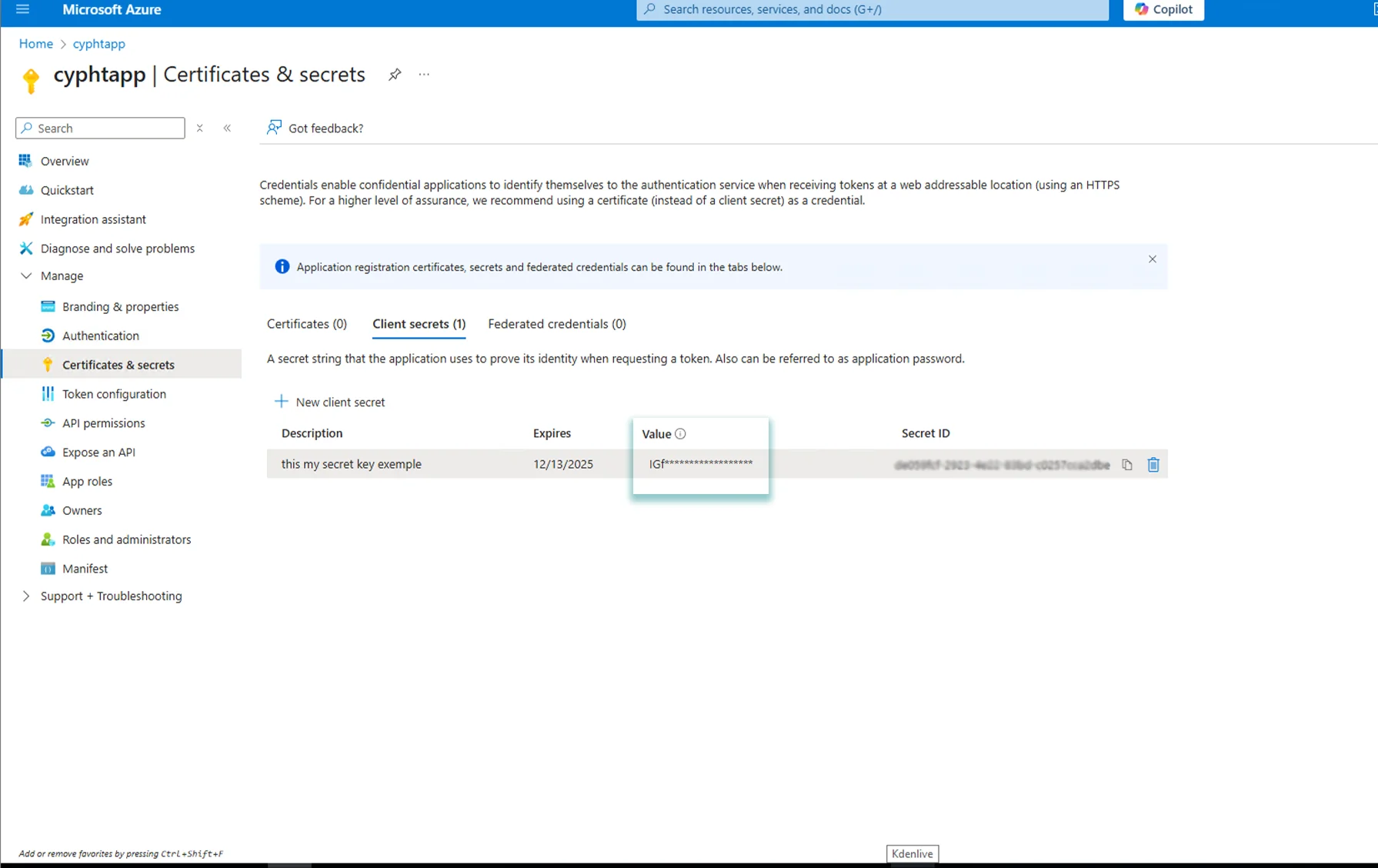 Azure client secret value shown after creation