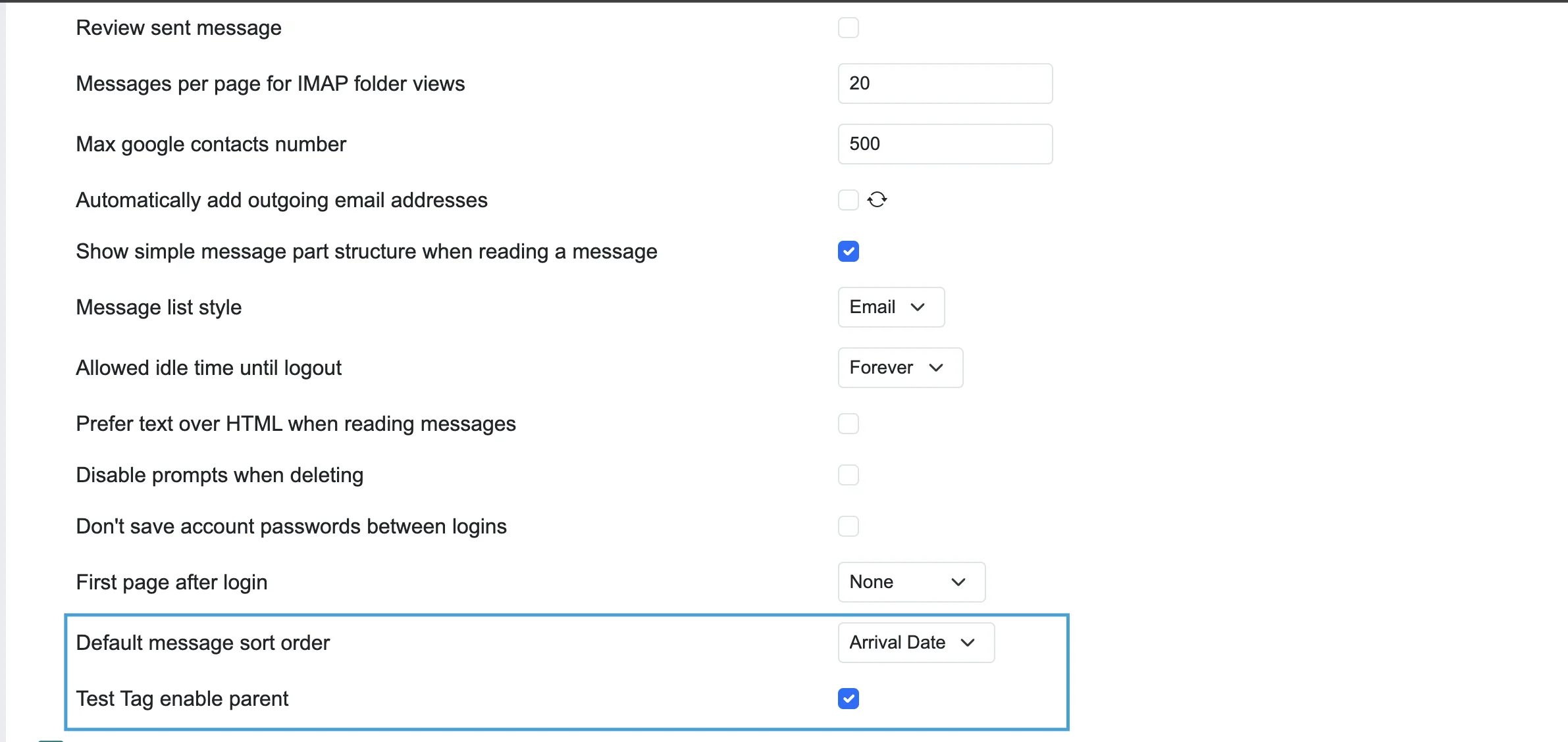 Cypht settings page with the new Test Tag enable parent checkbox