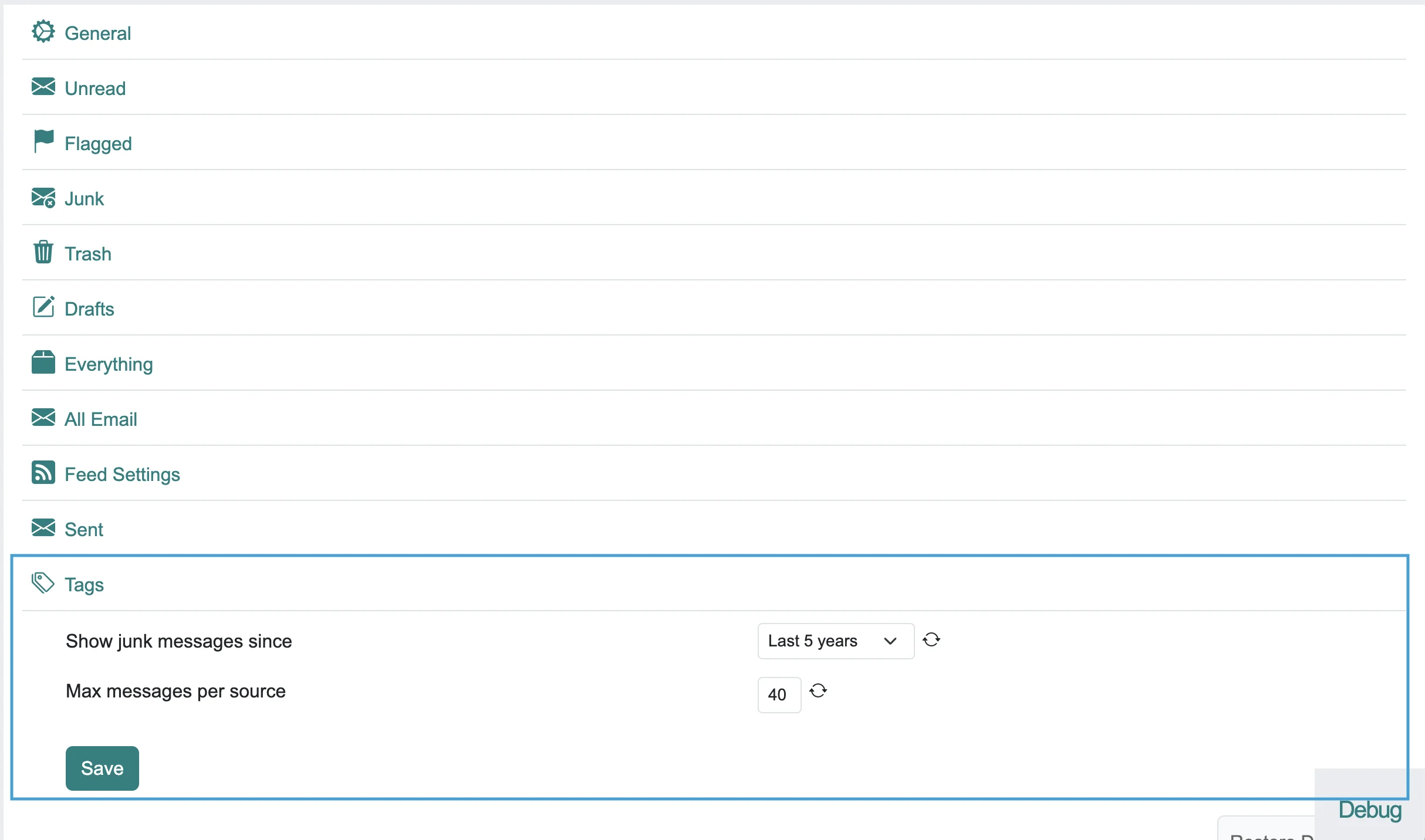 Cypht settings page with the new Tags section and its two settings