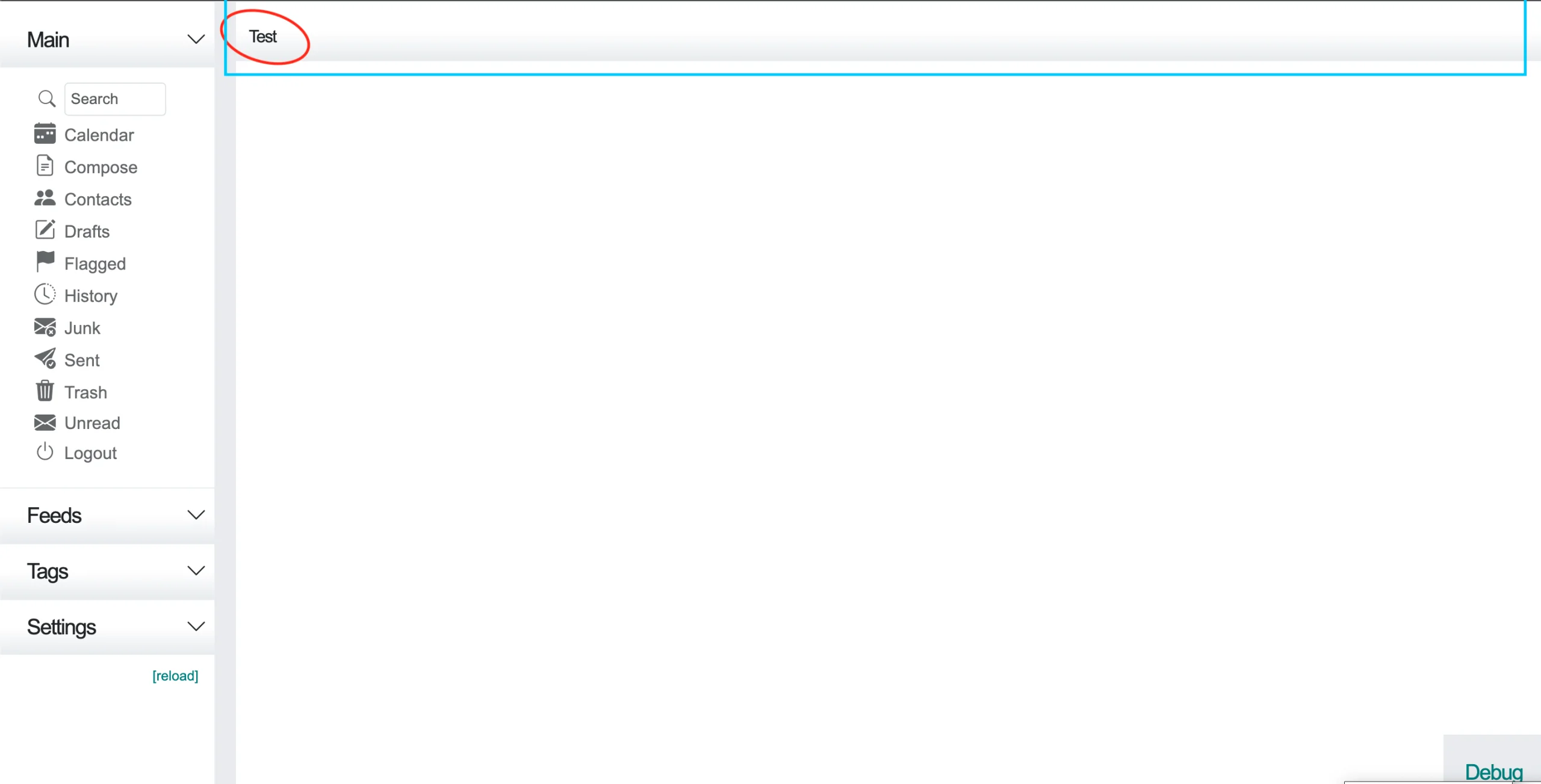 Cypht test page showing the Test title in the header