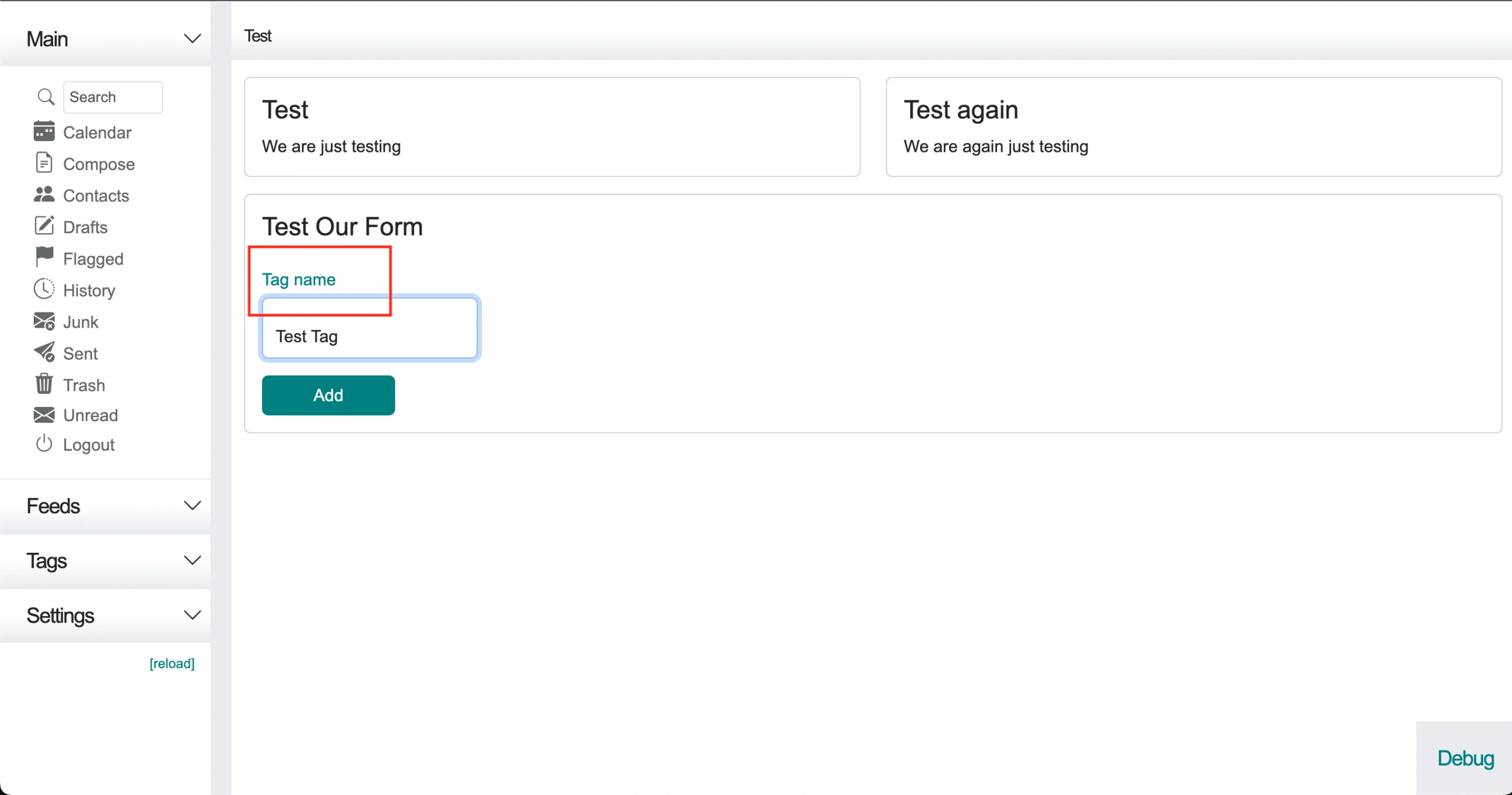 Cypht form with the static Tag name label before wiring the session value