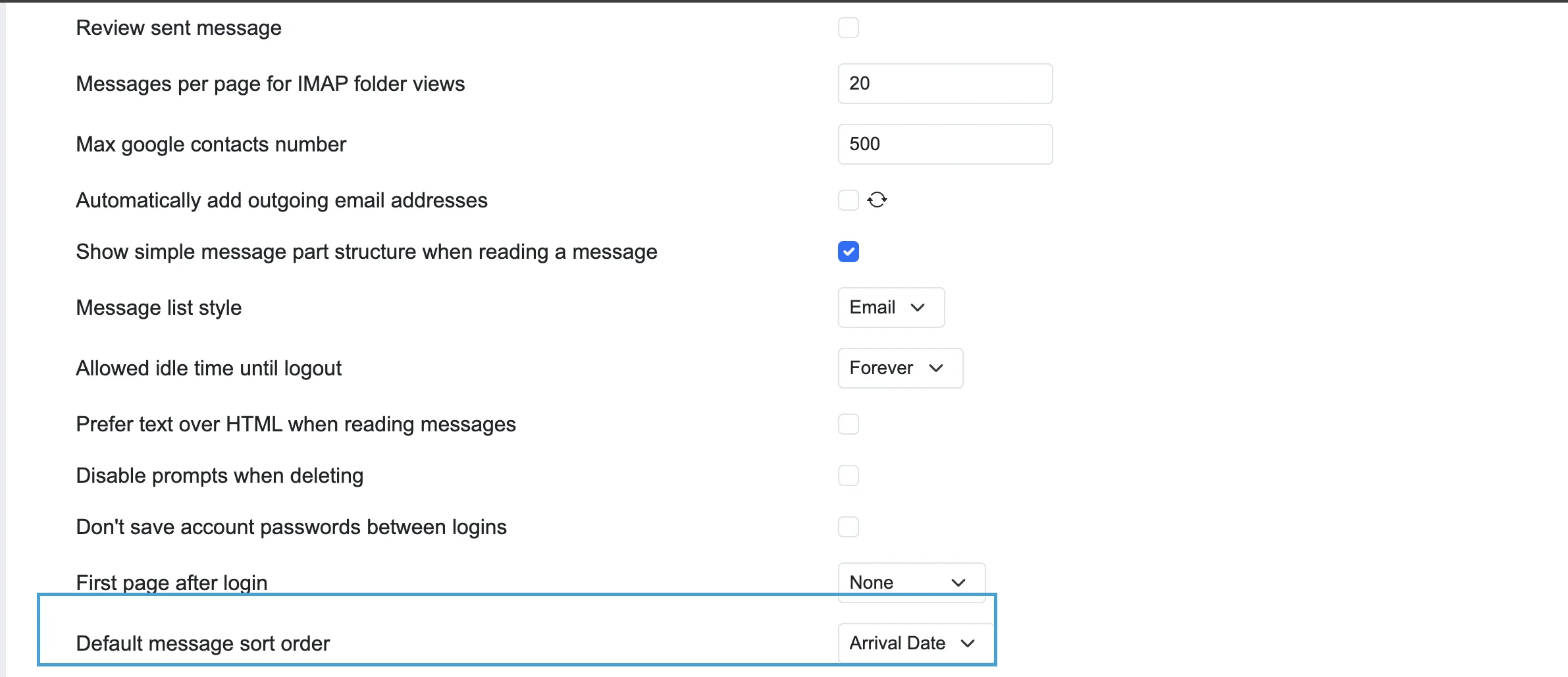 Cypht settings page showing the Default message sort order setting